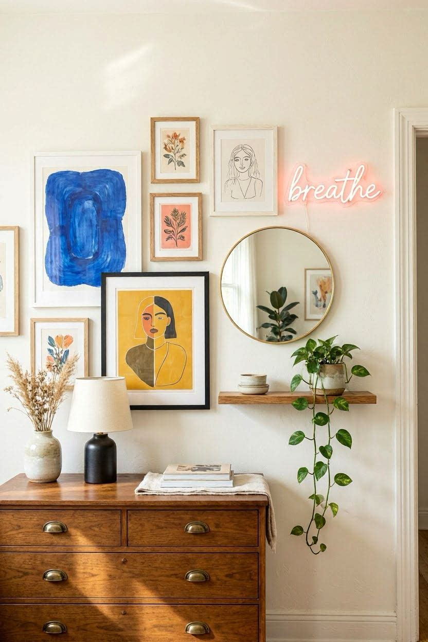 Eclectic gallery wall with mix of art prints, mirrors and neon sign above a dresser