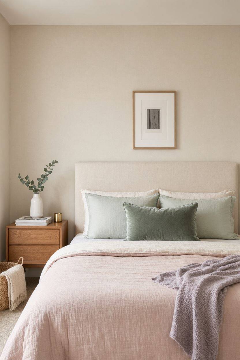 Cozy pastel girls bedroom design with soft lighting and modern furniture