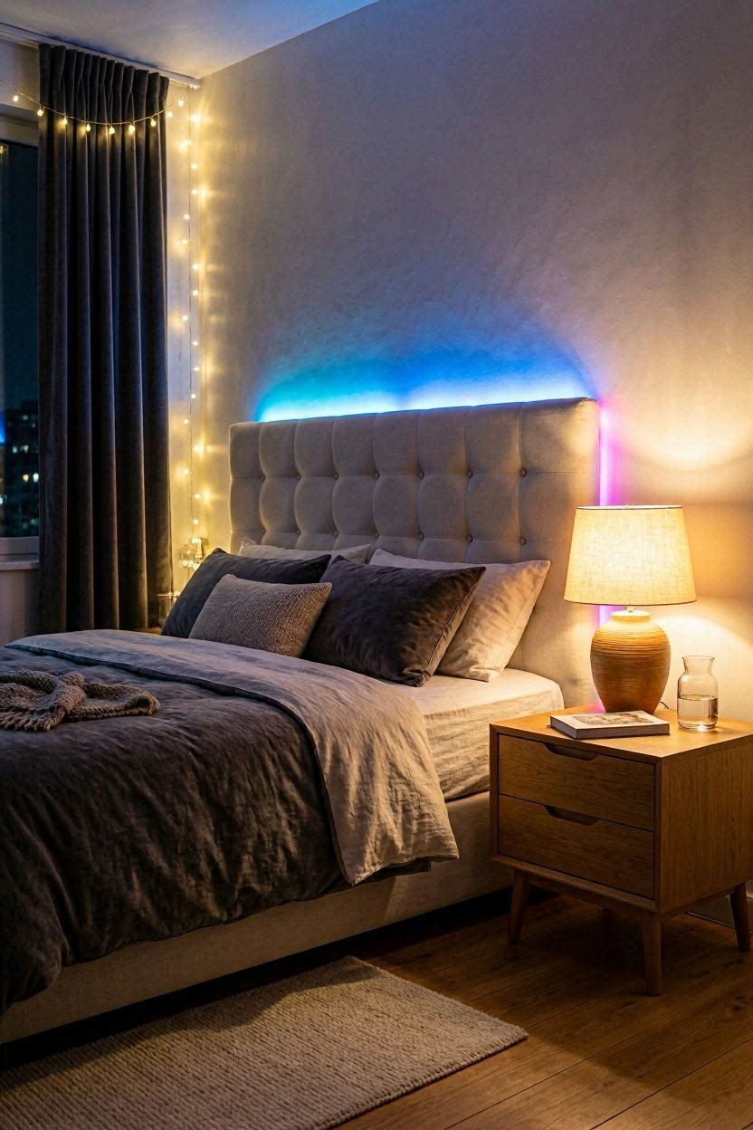 Cozy bedroom with LED strip lights behind headboard, bedside lamp and fairy lights