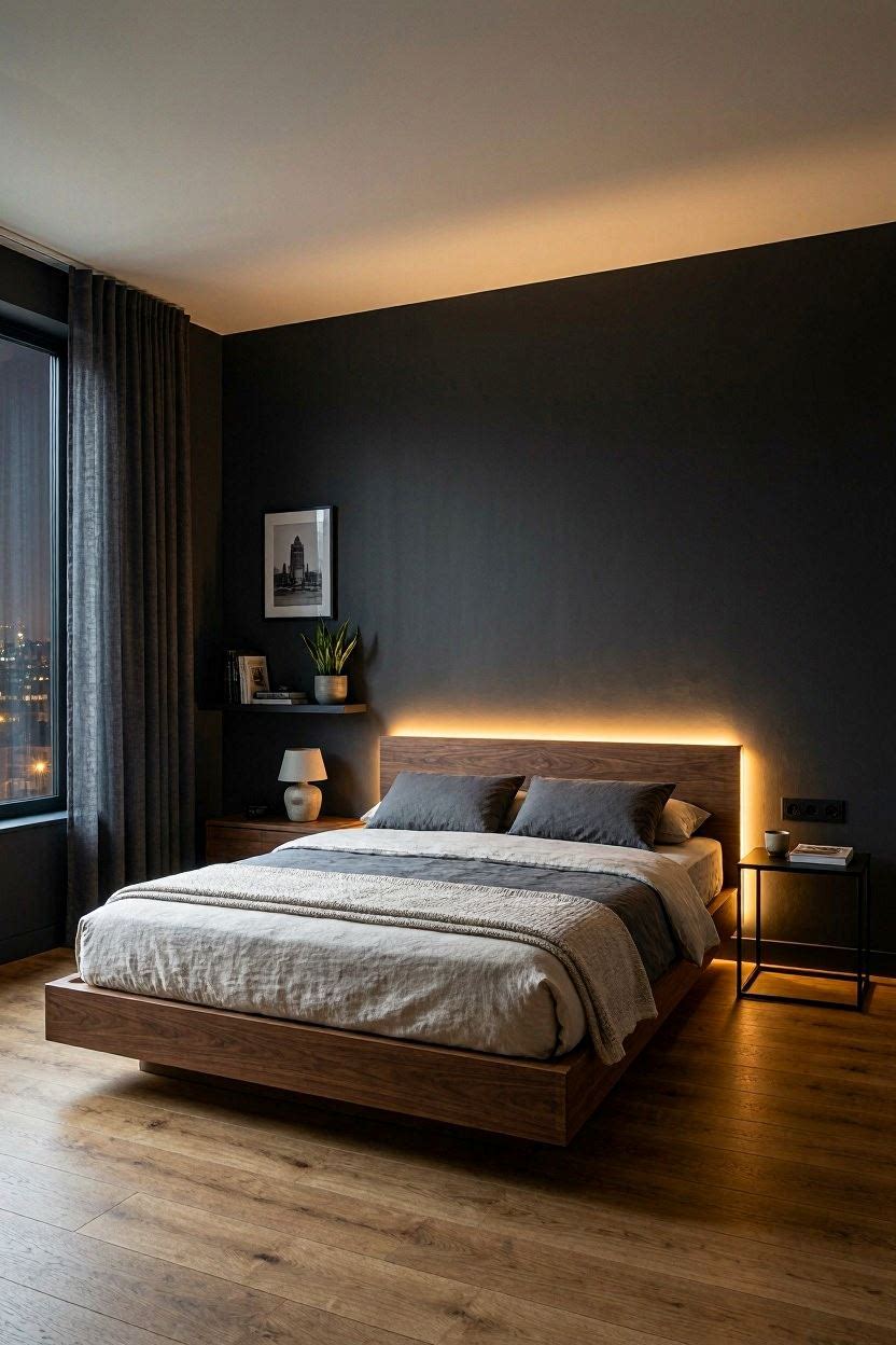 Modern bedroom wall with LED strip lighting behind a floating bed frame creating ambient glow