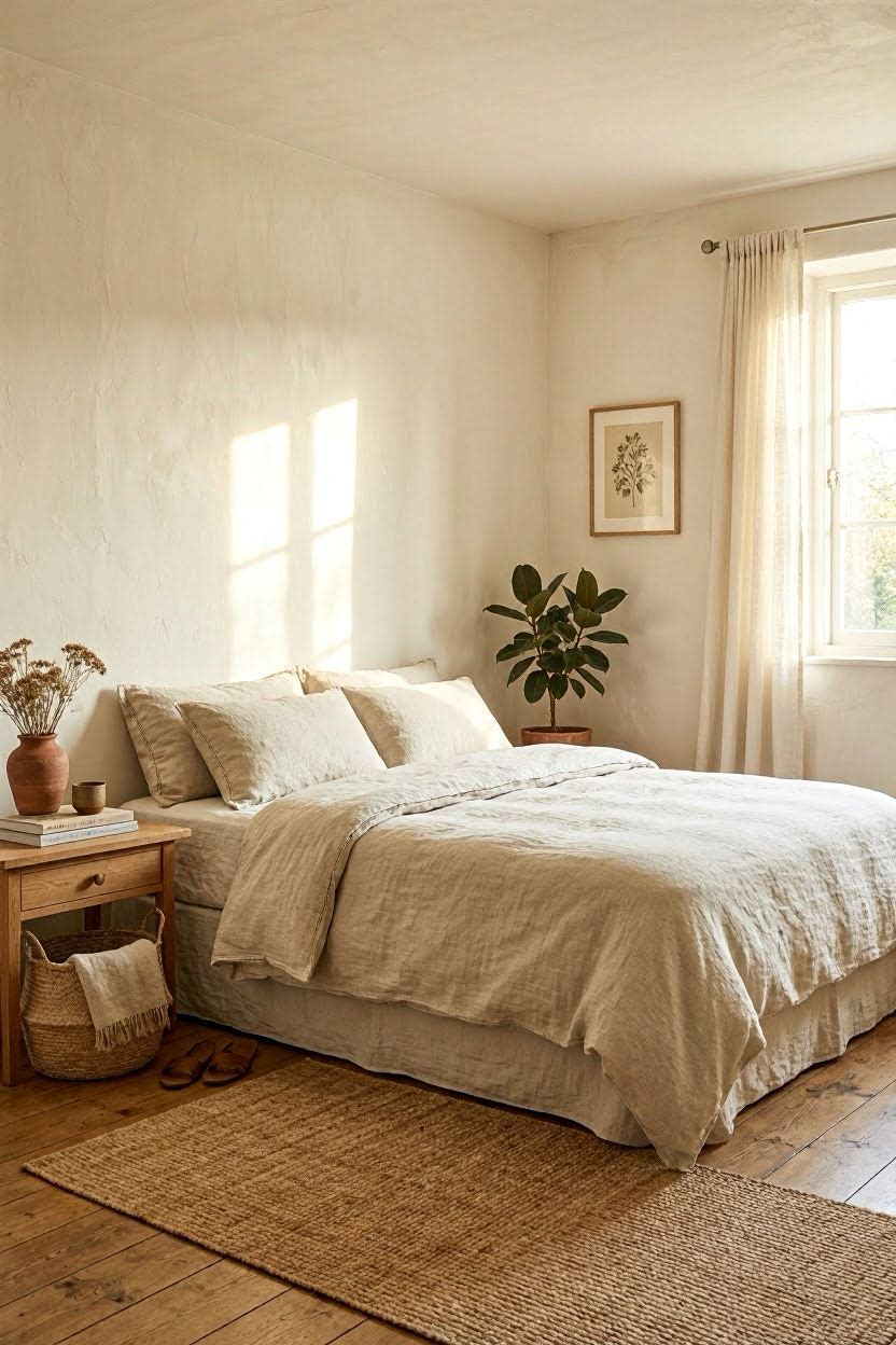Bedroom wall with soft limewash texture in warm white giving a Tuscan plaster-style finish