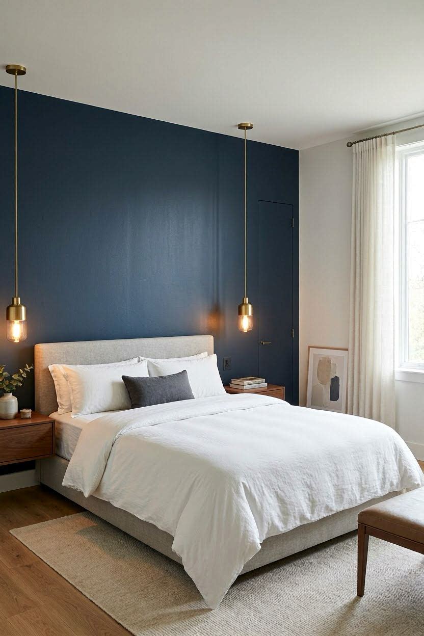 Bedroom accent wall painted in deep navy blue with white bedding and warm pendant lights