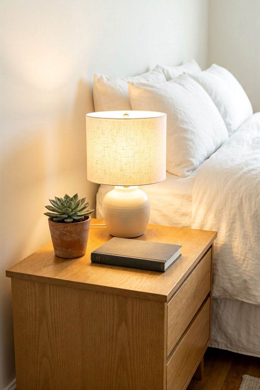 Minimalist bedroom nightstand styling with lamp, plant, and one book