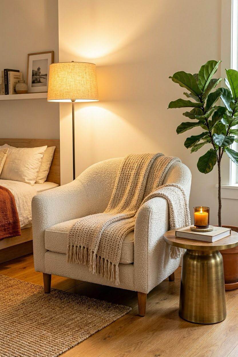 Cozy reading corner in bedroom with armchair, floor lamp, and throw blanket