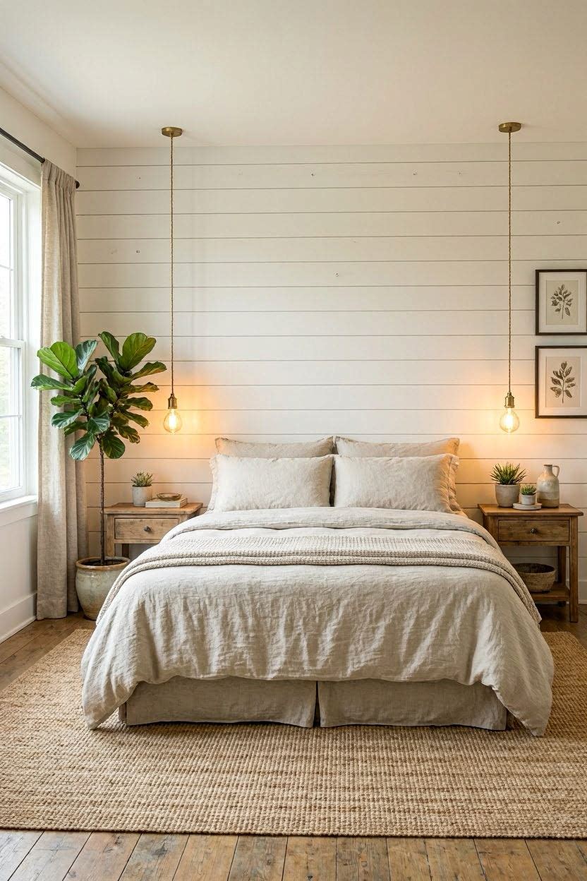 Bedroom wall with white shiplap wood planks installed horizontally behind a king bed