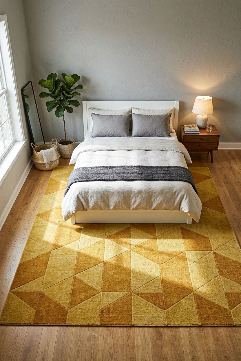 Large geometric area rug in mustard and ivory under a modern platform bed