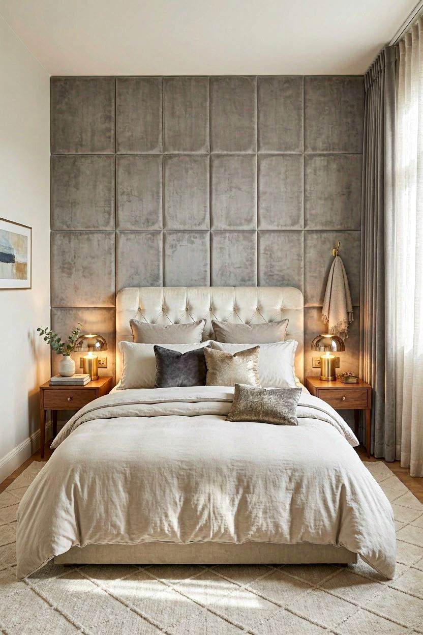 Bedroom wall with DIY upholstered fabric panels in soft grey velvet behind a tufted headboard
