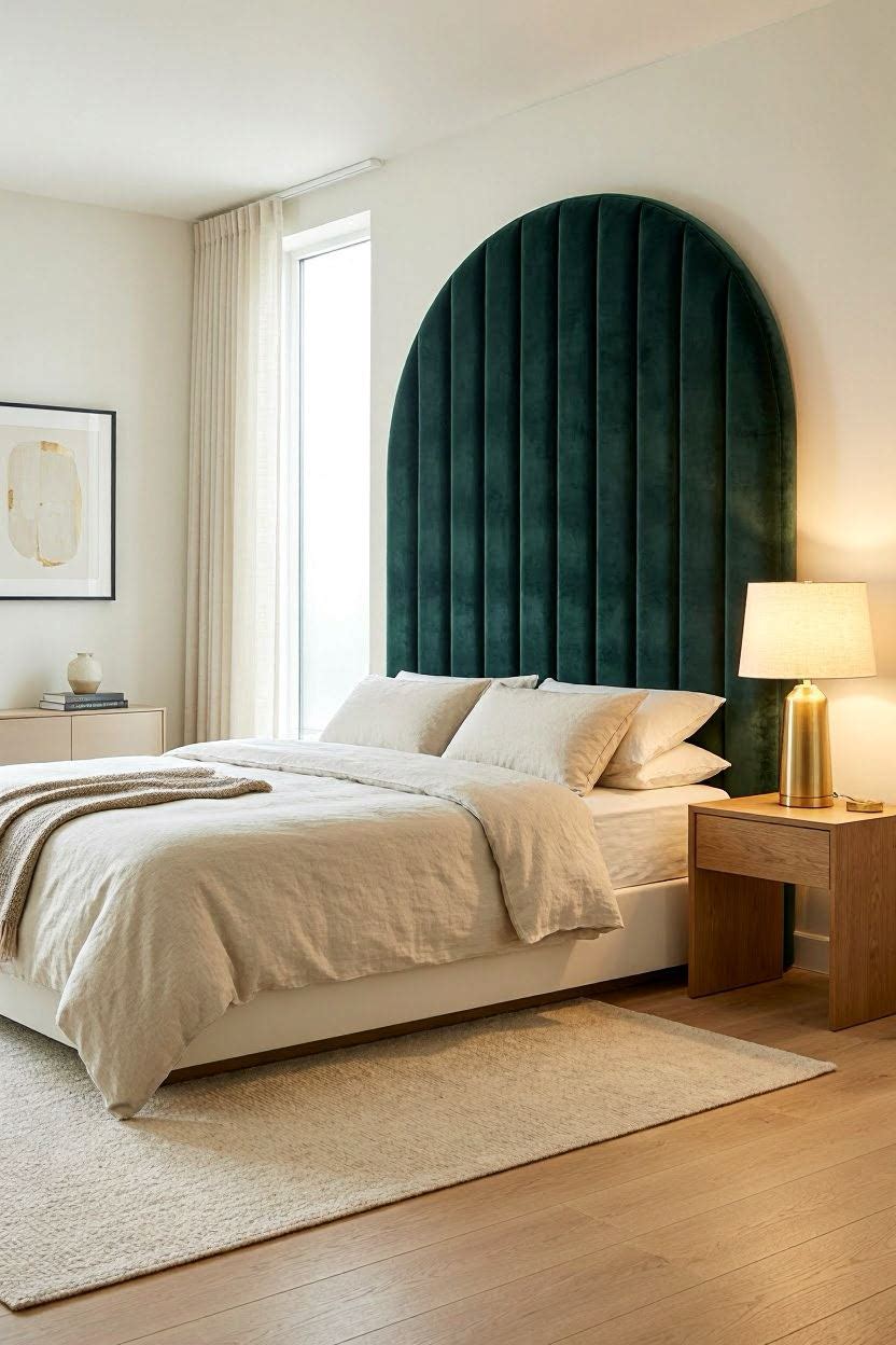 Upholstered velvet headboard in deep emerald green on a modern platform bed