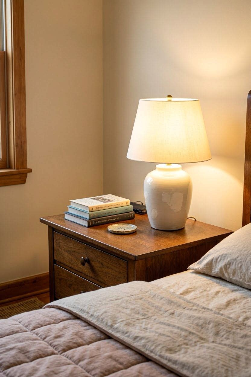 Classic white bedside table lamp on a wooden nightstand