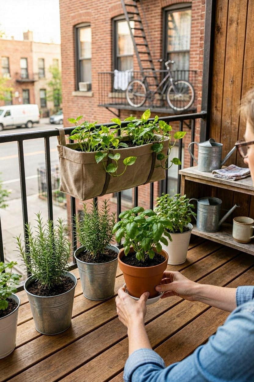 Lightweight pots, railing planters and a tiered stand arranged on a small apartment balcony