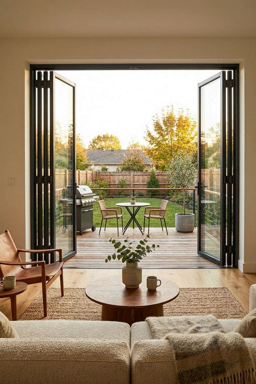 Folding accordion balcony door fully opened to merge indoor and outdoor living space