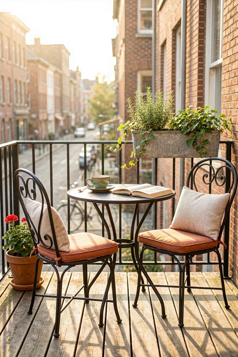 Small bistro table and two chairs set up on apartment balcony