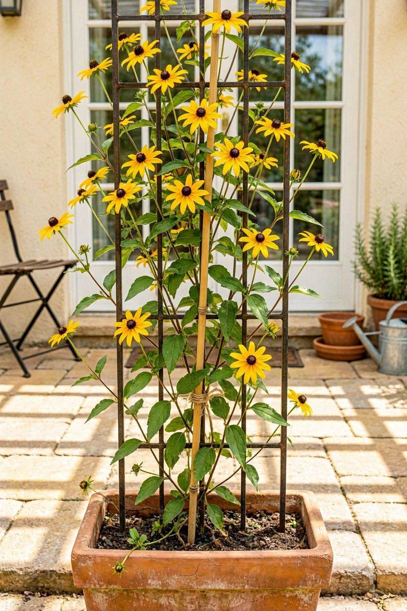 Black-eyed Susan vine with yellow flowers on a small trellis