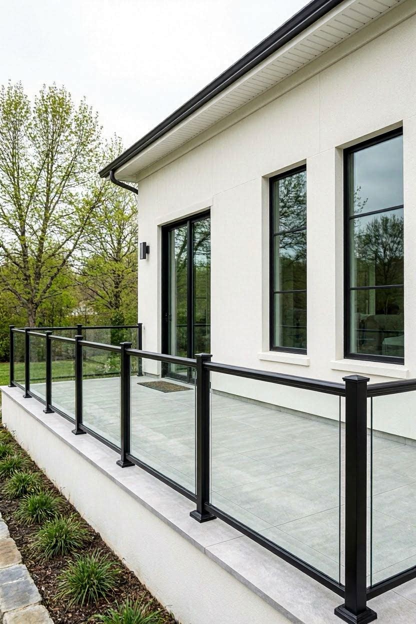 Black aluminum frame glass balcony railing on modern white home with cloudy sky background