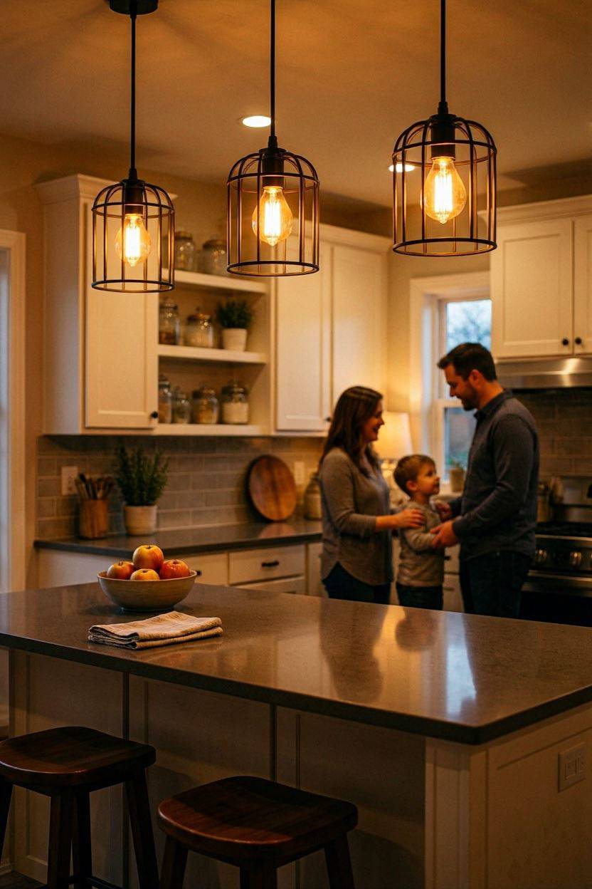 Black metal cage pendant lights hanging over a kitchen island