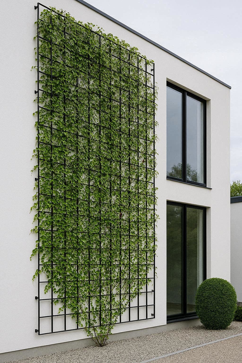 Black powder-coated steel grid trellis panels mounted on white modern home exterior with green climbing ivy covering entire wall surface