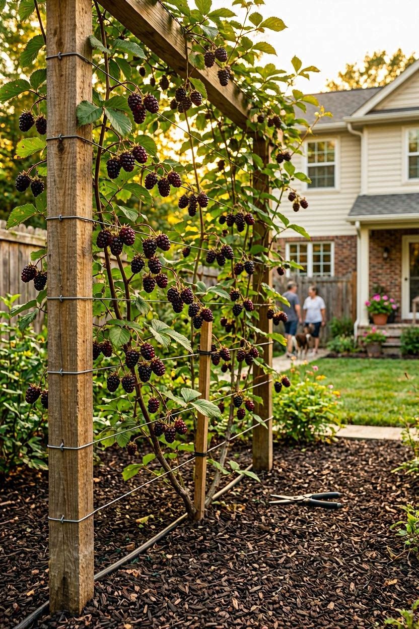 Beautiful wooden blackberry trellis with lush green canes in a sunny backyard garden