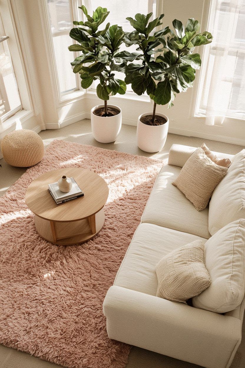 Blush pink shaggy rug in a bright boho living room with plants and round wood coffee table