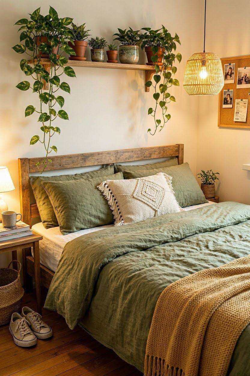 Boho dorm bed styled with olive green bedding and trailing plants