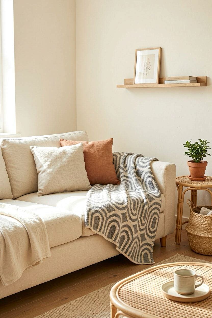 Bohemian living room with geometric sofa throw blanket in grey and white tones draped over a couch