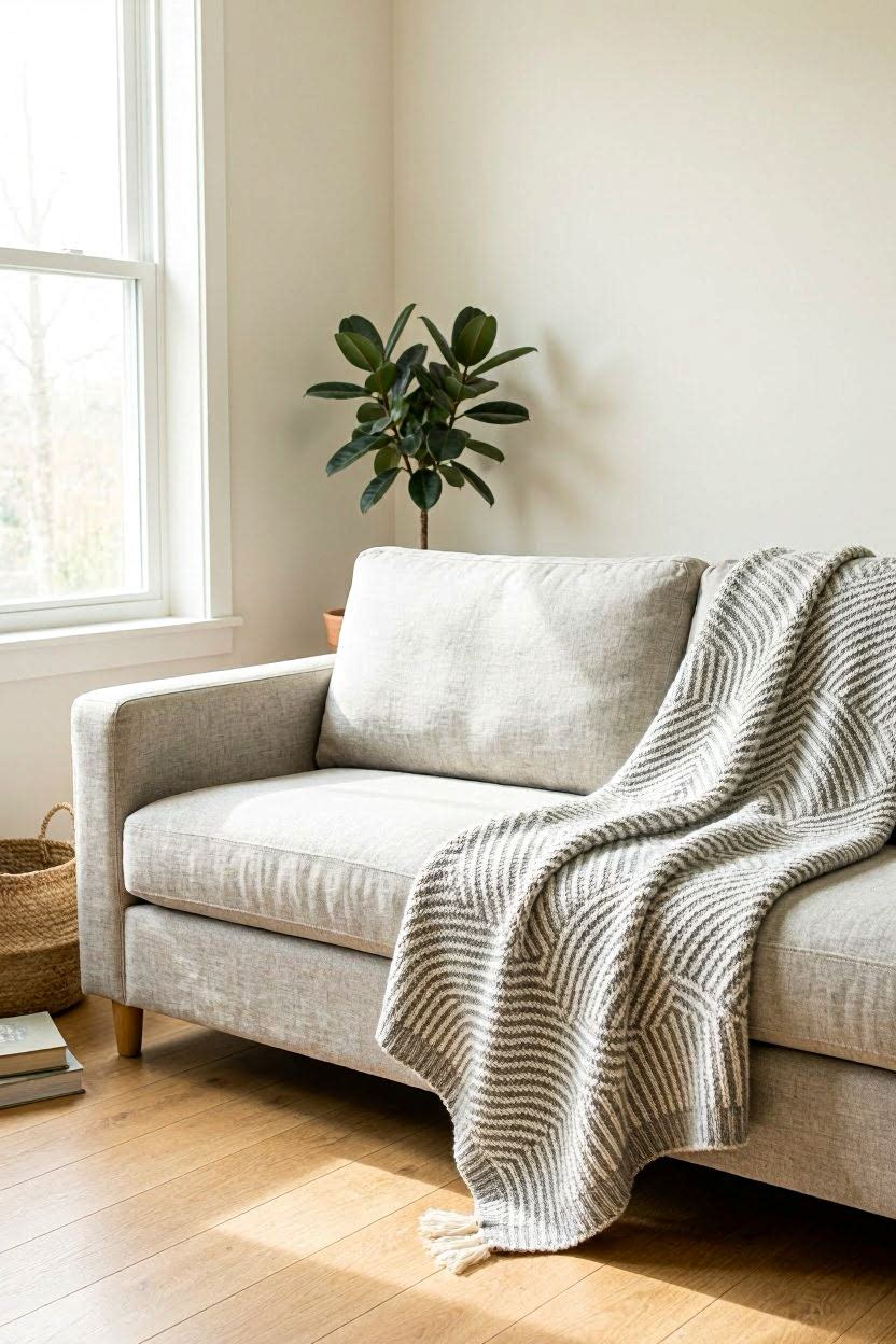 Grey and white geometric pattern sofa throw blanket draped over a 3-seater couch in a bright minimalist living room