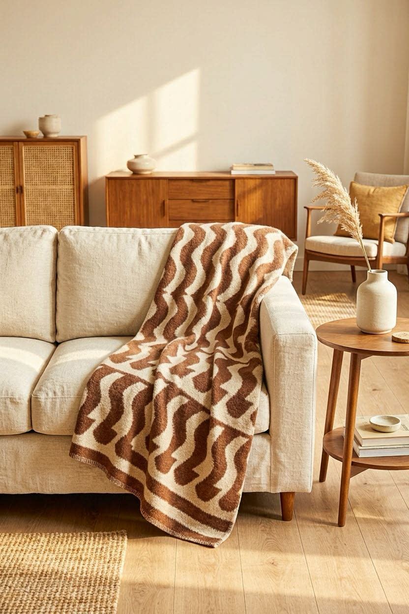 Brown and cream geometric throw blanket draped over a sofa in a warm earthy bohemian living room with wood furniture