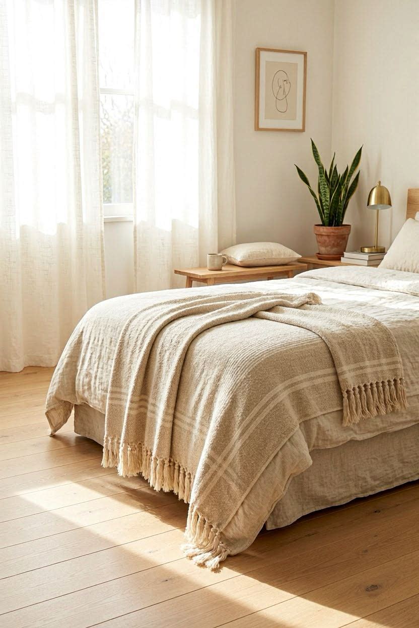 Beige and cream striped fringe throw blanket with tassel edges draped over a bed or bench in a light natural boho bedroom