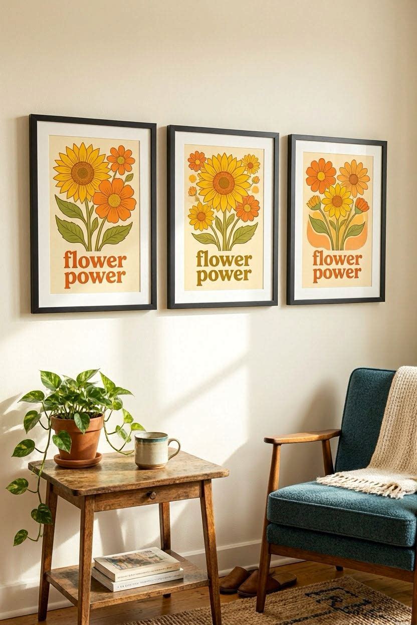 Three vintage flower power wall art prints in yellow and orange displayed as a gallery wall in a mid-century modern bohemian living room