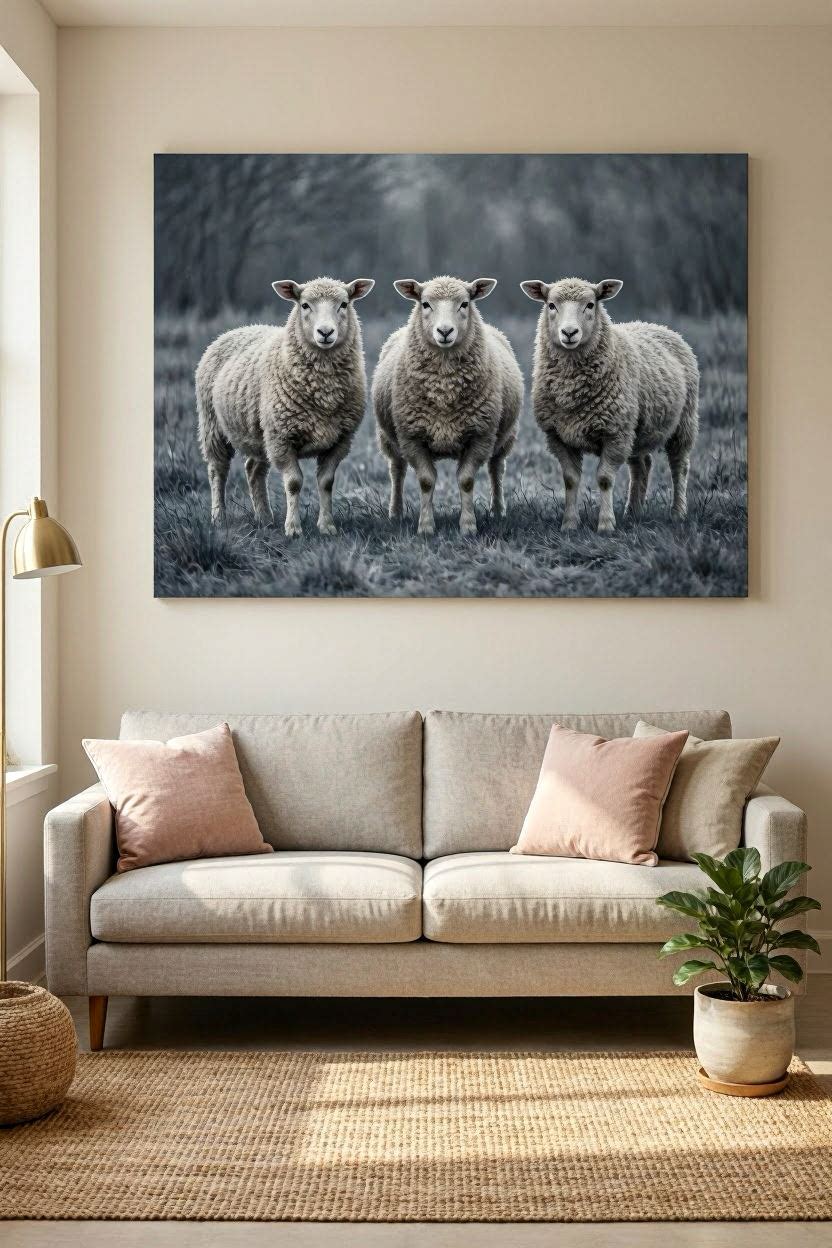 Large canvas wall art of three sheep in a moody grey landscape displayed above a grey sofa with pink and beige cushions