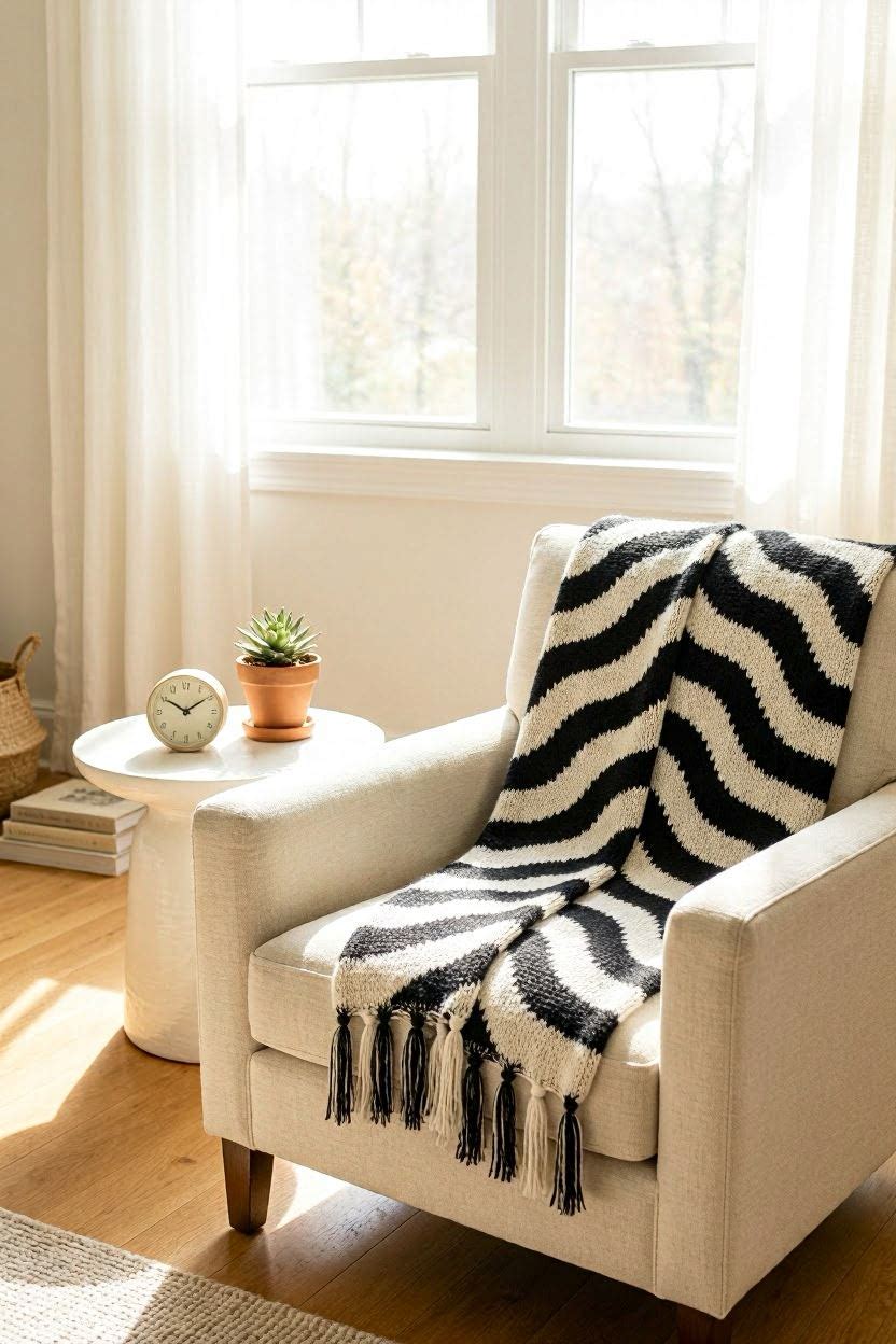 Bold black and white curved stripe throw blanket with fringe draped over a white armchair in a bright minimalist bohemian living room
