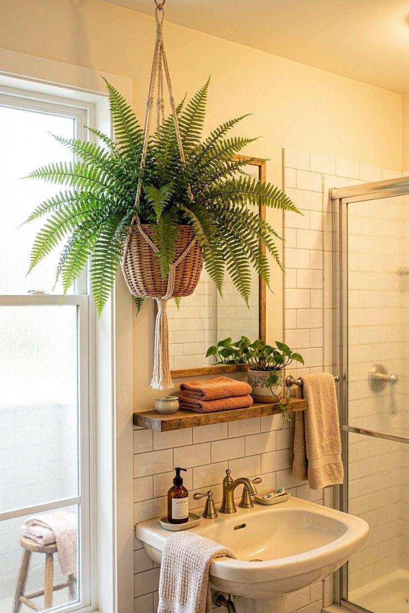 Boston fern hanging basket in a low light bathroom