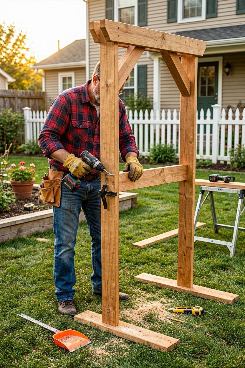 Building cedar side frames for a wood trellis arch over a raised garden bed