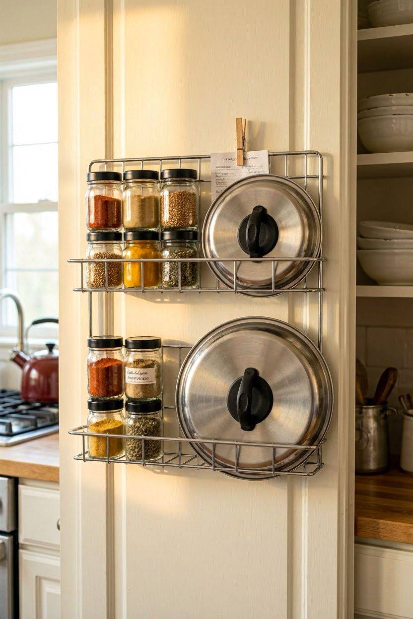 Cabinet door storage rack holding pot lids and spice jars