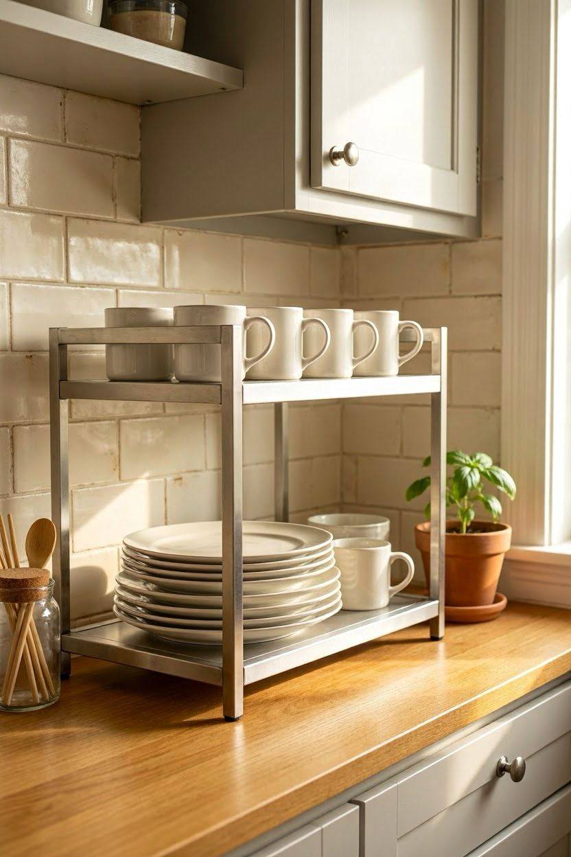 Shelf riser stacking dishes and cups inside a kitchen cabinet