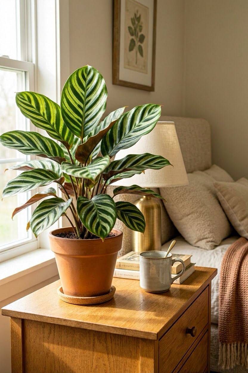 Calathea plant with patterned leaves in a bedroom corner