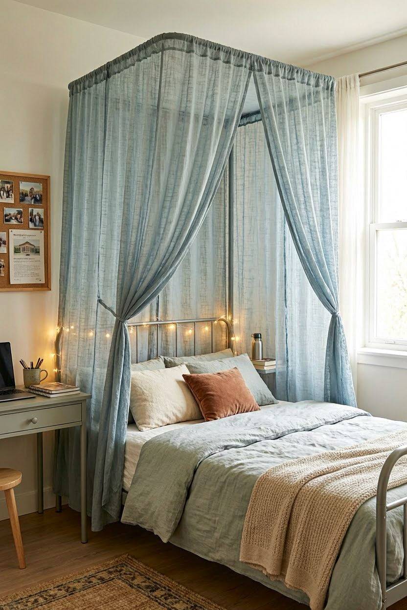 Sheer dusty blue canopy curtains hung around a dorm bed frame