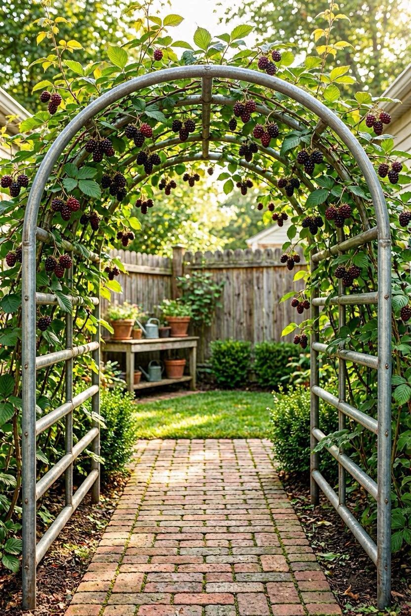 Cattle panel arch trellis with blackberry canes growing over a garden walkway