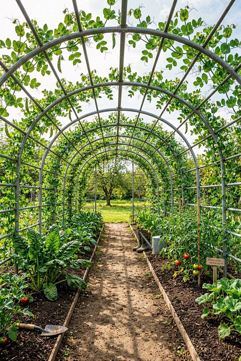Curved cattle panel arch tunnel covered in climbing pea vines in a vegetable garden