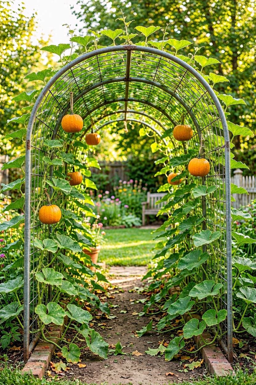 A curved cattle panel arch trellis forming a garden tunnel with pumpkin vines and hanging small pumpkins
