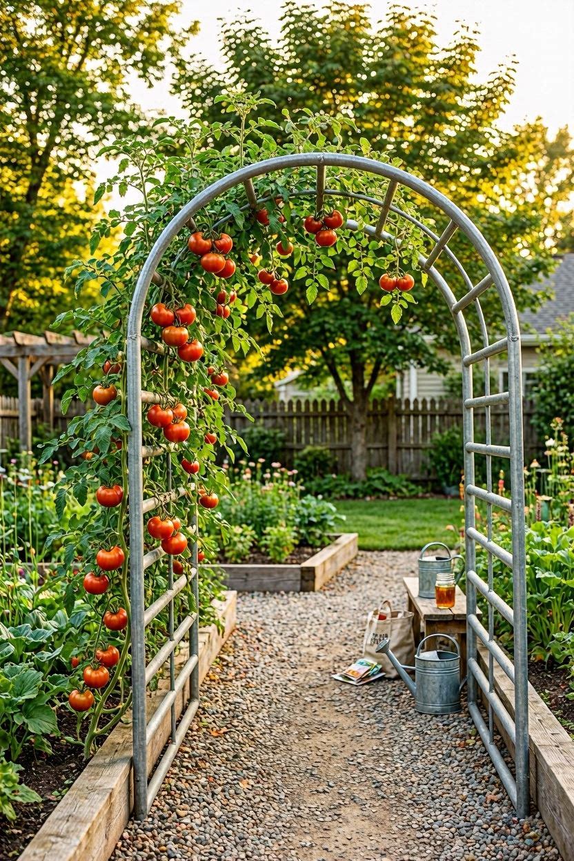 Large cattle panel arch trellis over a garden path with tomato and cucumber vines growing over the curved metal structure