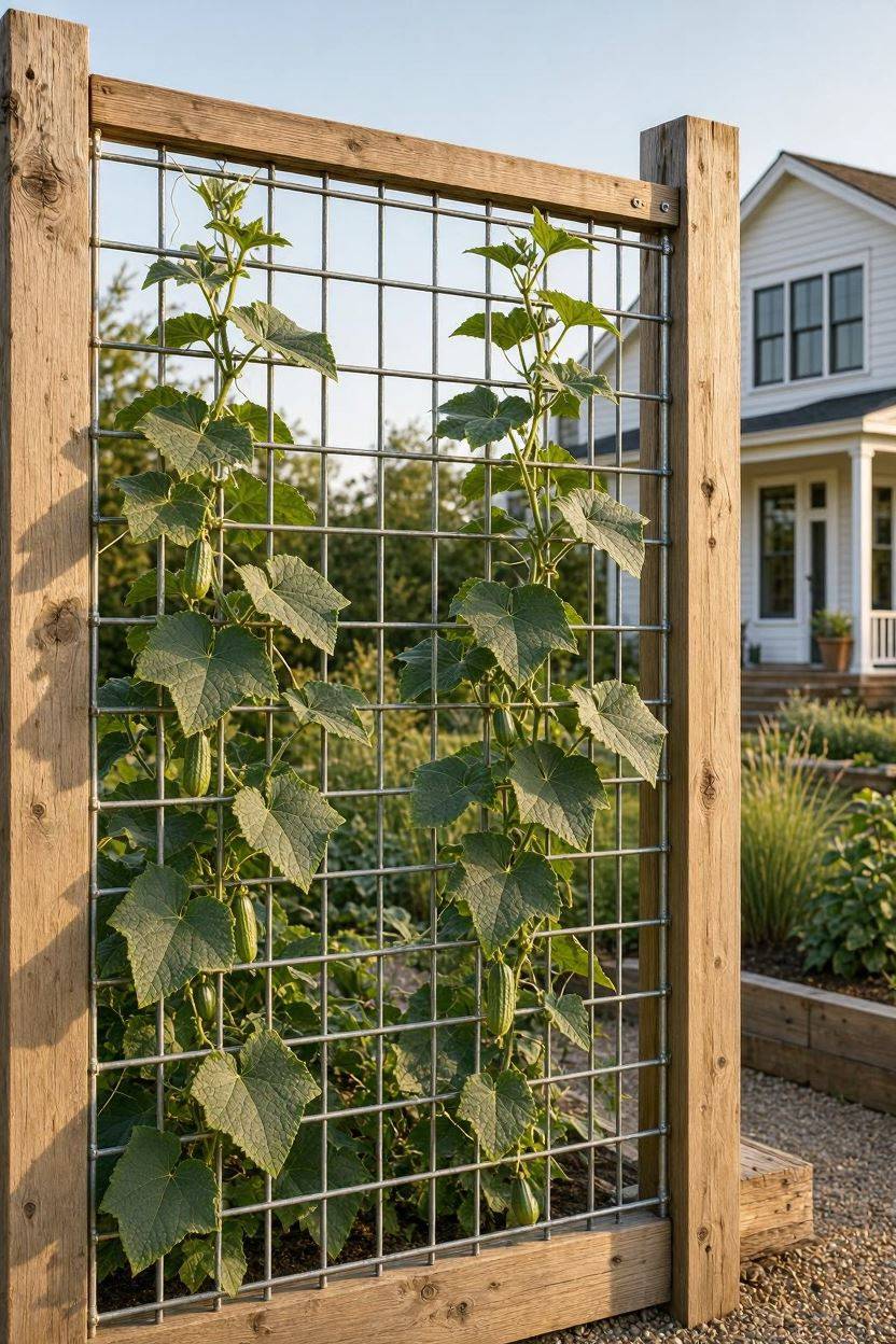 Cattle panel trellis with wood frame for privacy