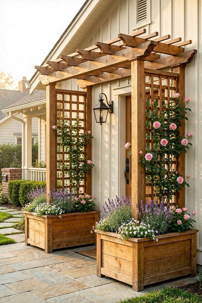 Cedar wood pergola arch trellis with large matching cedar planter boxes filled with colorful climbing flowers flanking a craftsman front door with lantern light