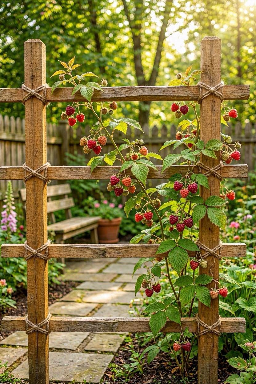 Rustic cedar rail raspberry trellis in a cottage garden style with climbing canes and dappled sunlight