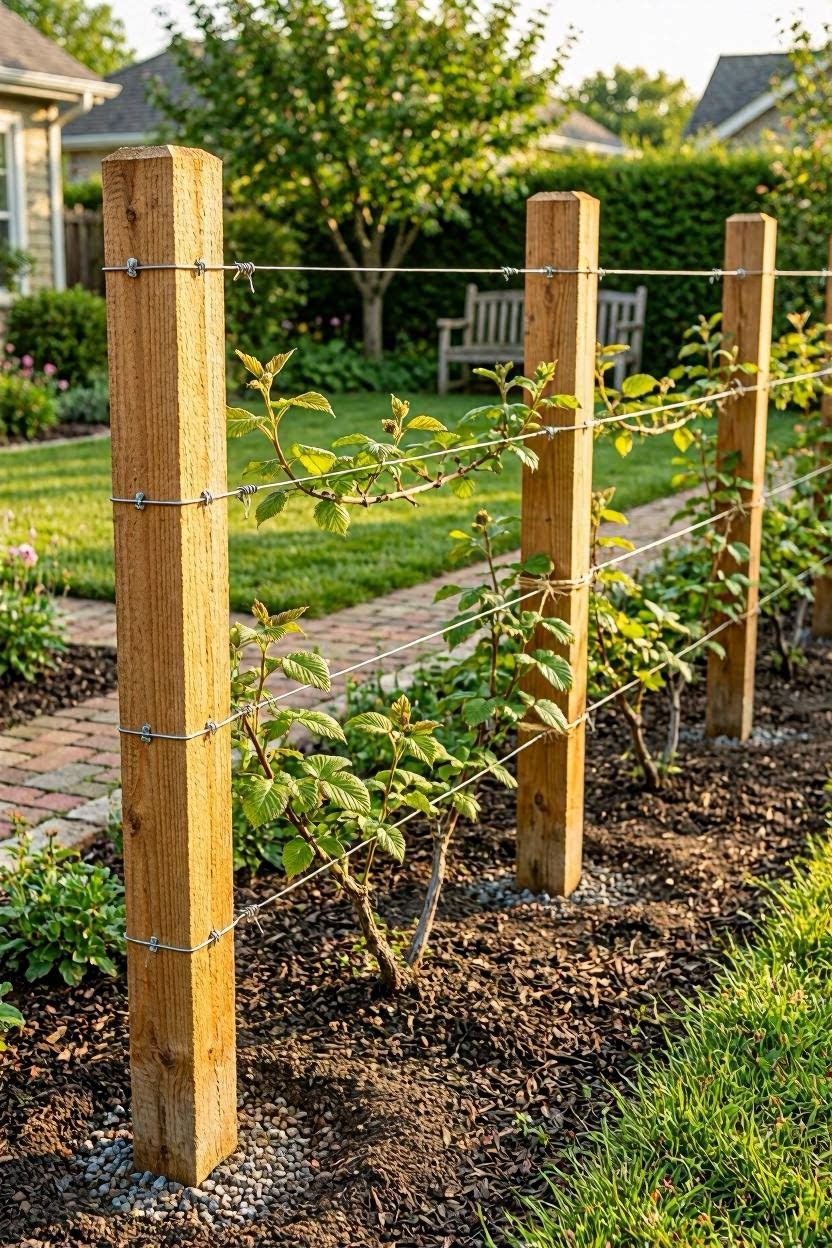 Cedar wood post trellis with wire rows in a well-landscaped suburban backyard