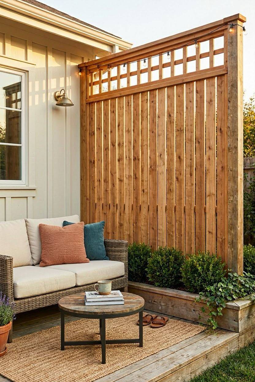 Cedar wood privacy trellis screen on a backyard patio