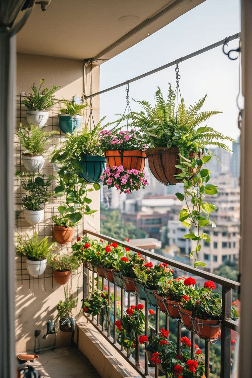 Indian city apartment balcony with ceiling-hung hanging basket ferns and trailing plants on a horizontal rod, colorful wall-mounted grid with round pots in teal orange and white, railing planters with red and pink flowers, bright morning light