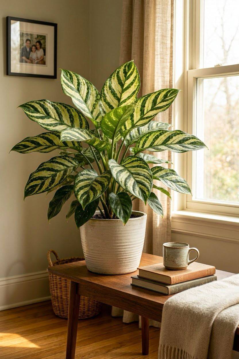 Chinese evergreen plant on a side table near a shaded window