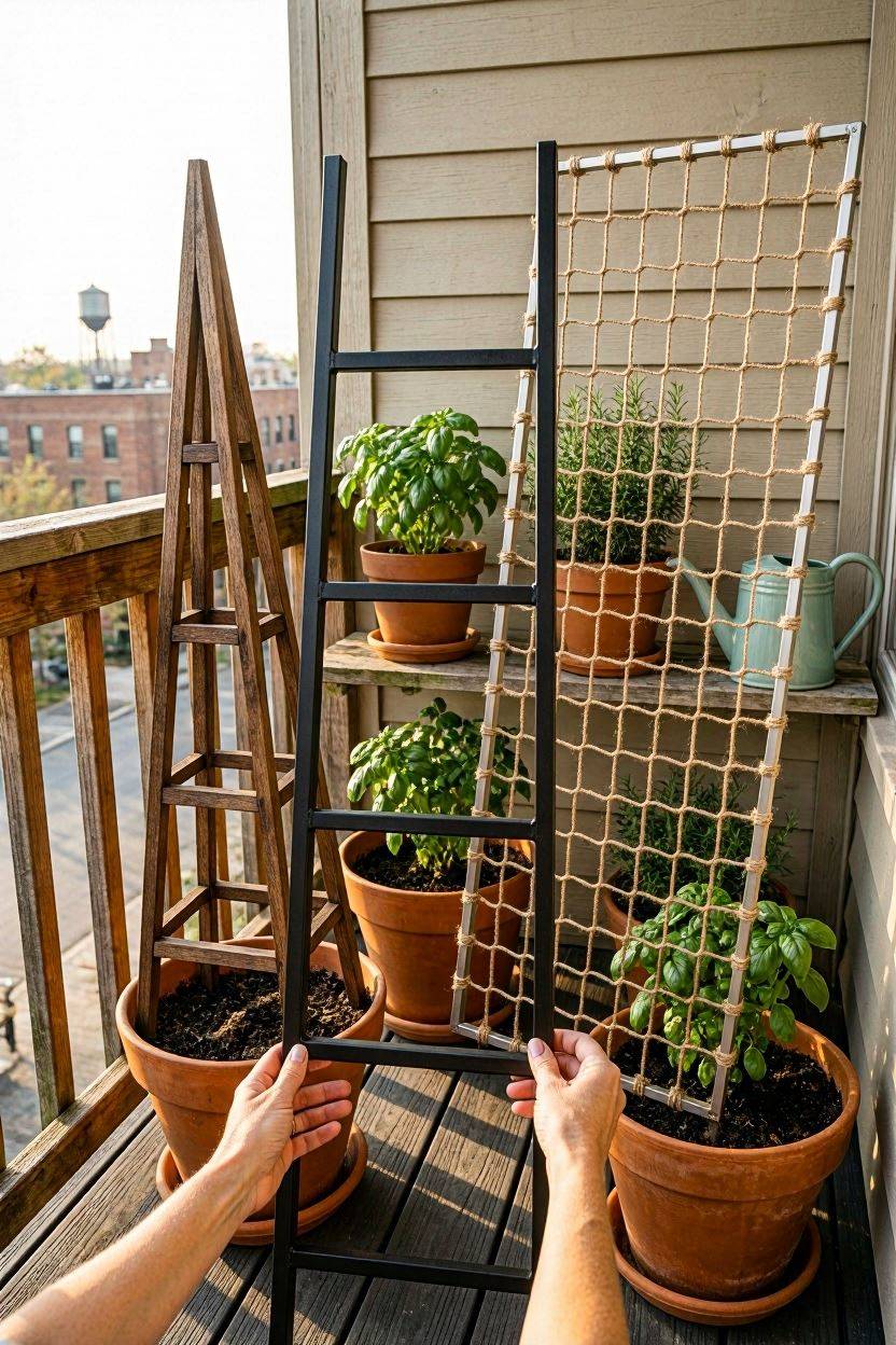 Comparing obelisk, ladder, and netting trellis styles for a small balcony