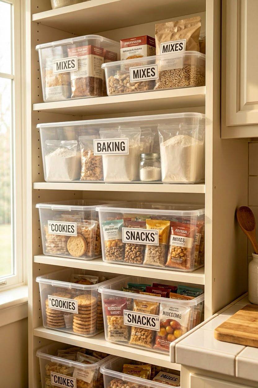 Clear labeled bins organizing pantry items on a small shelf