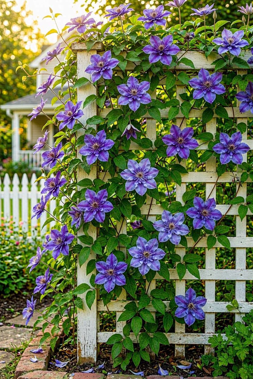 Beautiful clematis trellis covered in purple blooms climbing a white wall in a sunny American cottage garden